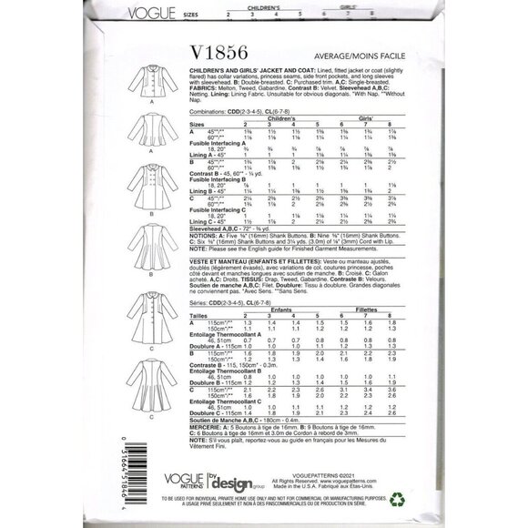 Vogue V1856 Girls 6 to 8 Flared Coats and Jackets Uncut Sewing Pattern New - Picture 2 of 2
